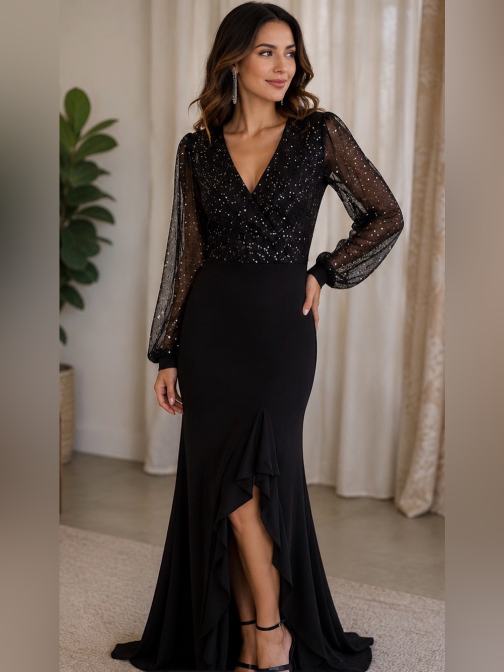 SHEIN Black Sequin Mesh Sleeve Maxi Evening Gown Size L (US 8/10)
